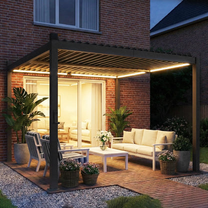 10 x 10 ft Louvered Pergola with Solar LED lights, Metal Roof, Outdoor Pergola Gazebo with Drainage Gutters, Black Pergolas at Gallery Canada
