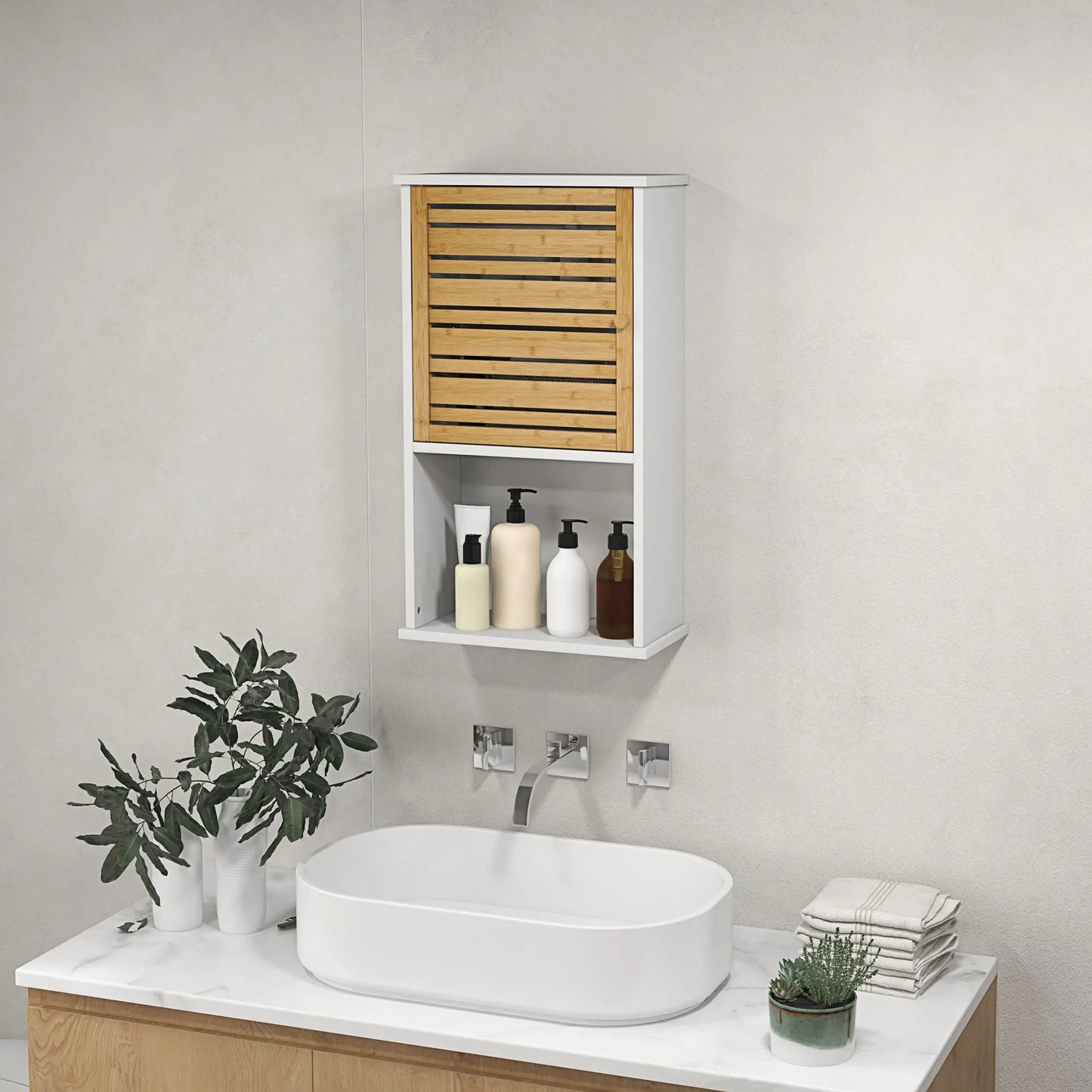 Wall Mounted Bathroom Cabinet, Bamboo Slat Door, Adjustable Shelf, White Wall Mounted Cabinets at Gallery Canada
