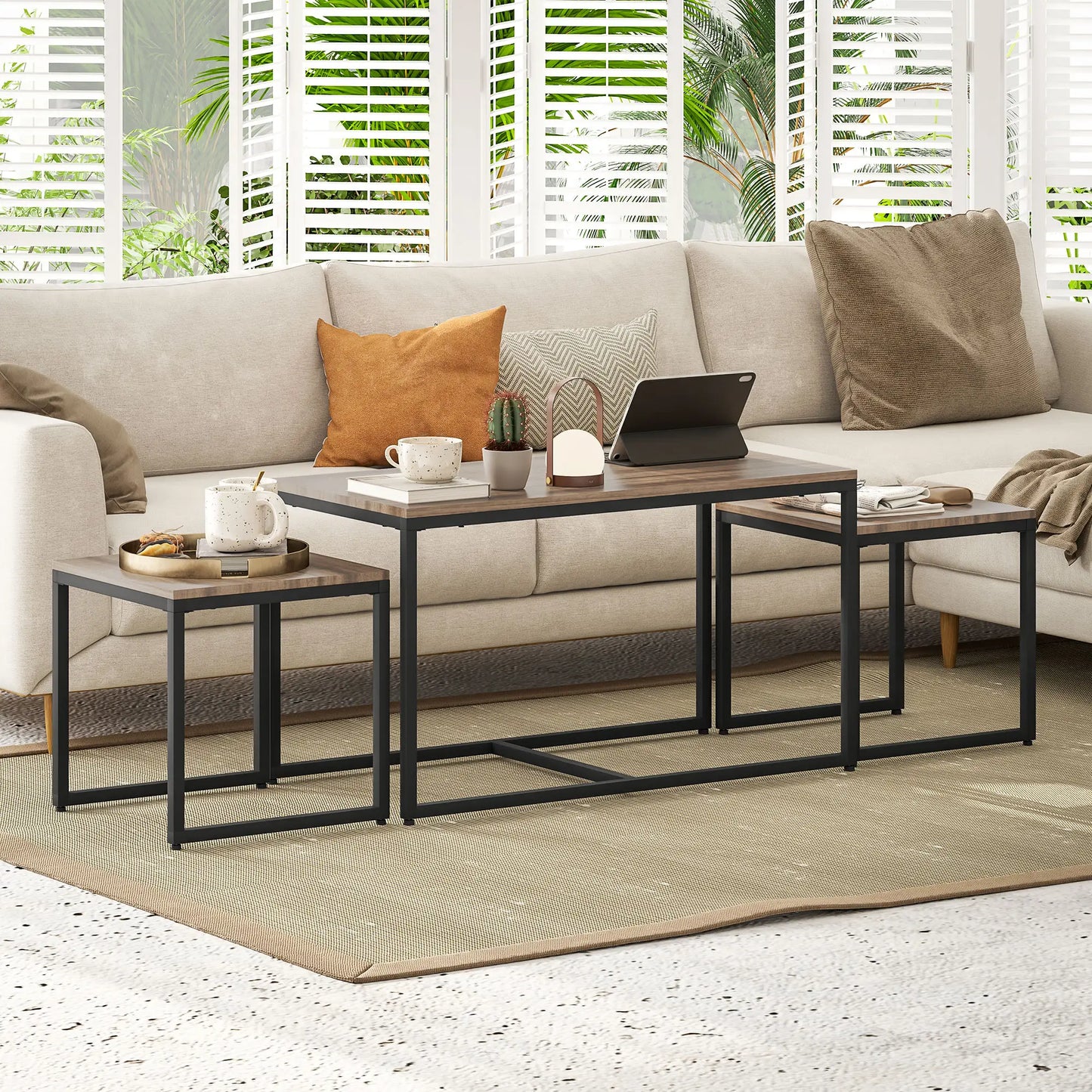 Nesting Coffee Table Set of 3, Black Metal Frame, 3-Piece, Brown Coffee Tables at Gallery Canada