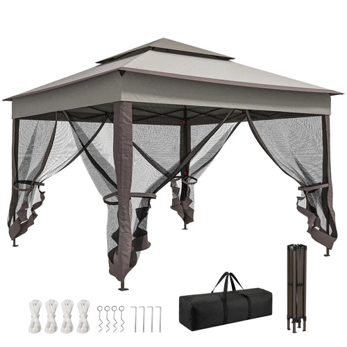 11' x 11' Pop Up Canopy, 2-Tier Soft Top Shelter Tent With Netting, Mixed Grey