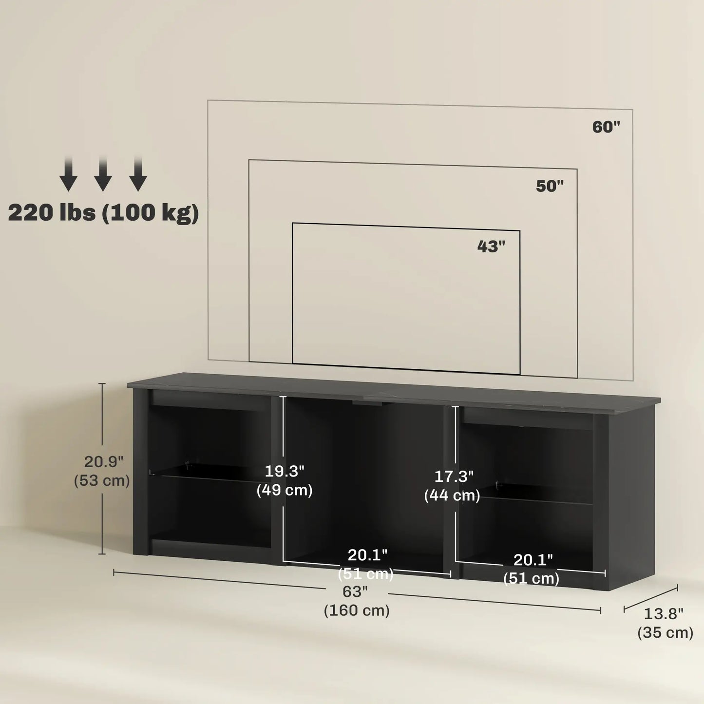 TV Stand With LED Lights, Adjustable Glass Shelves, For 65 Inch TVs, Black TV Stands at Gallery Canada