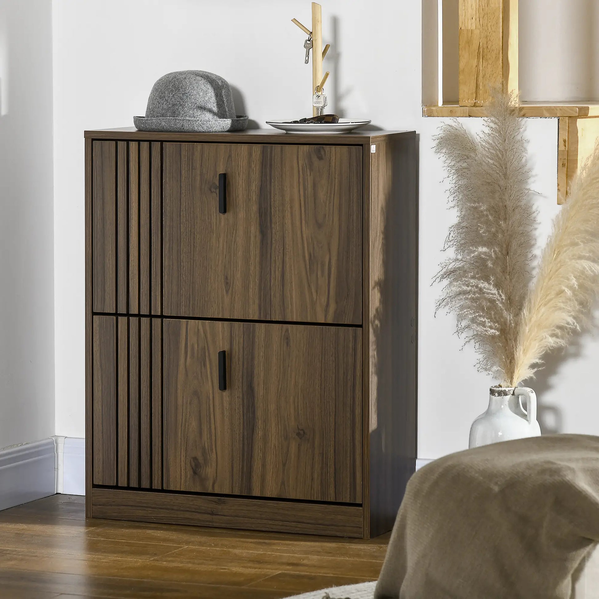 Shoe Storage Cabinet, 12 Pairs, 2 Flip Drawers, Adjustable Shelves, Walnut Shoe Storage Cabinets & Racks at Gallery Canada