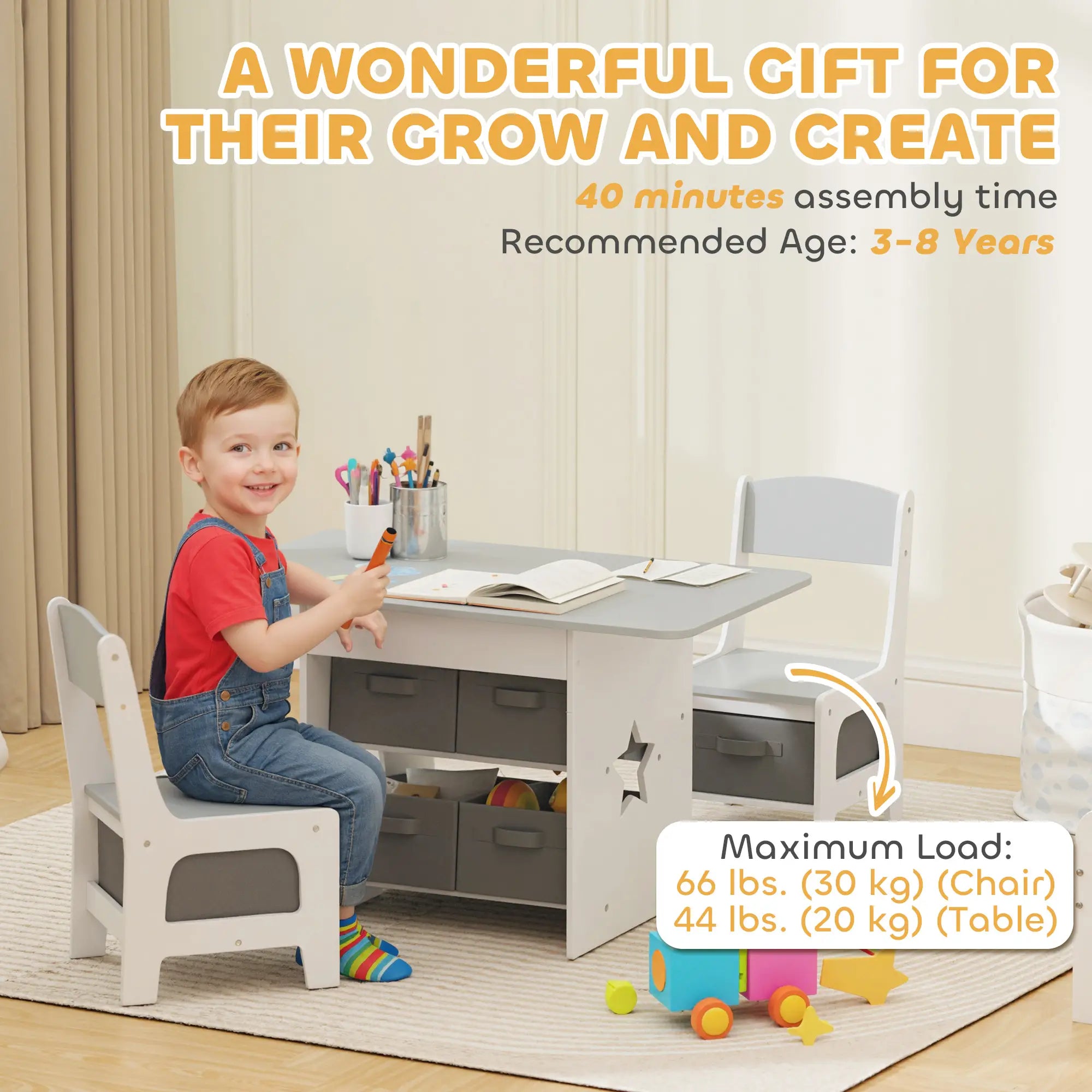 3 Piece Kids Table and Chair Set, 6 Removable Drawers, Light Grey Kids Table Sets at Gallery Canada