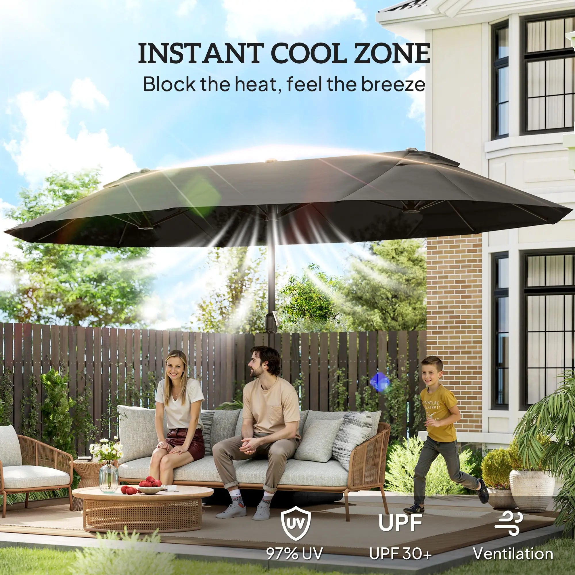 15' Outdoor Patio Umbrella, Twin Canopy Sunshade, Steel Table, Lift Crank, Dark Grey Sun Umbrellas at Gallery Canada