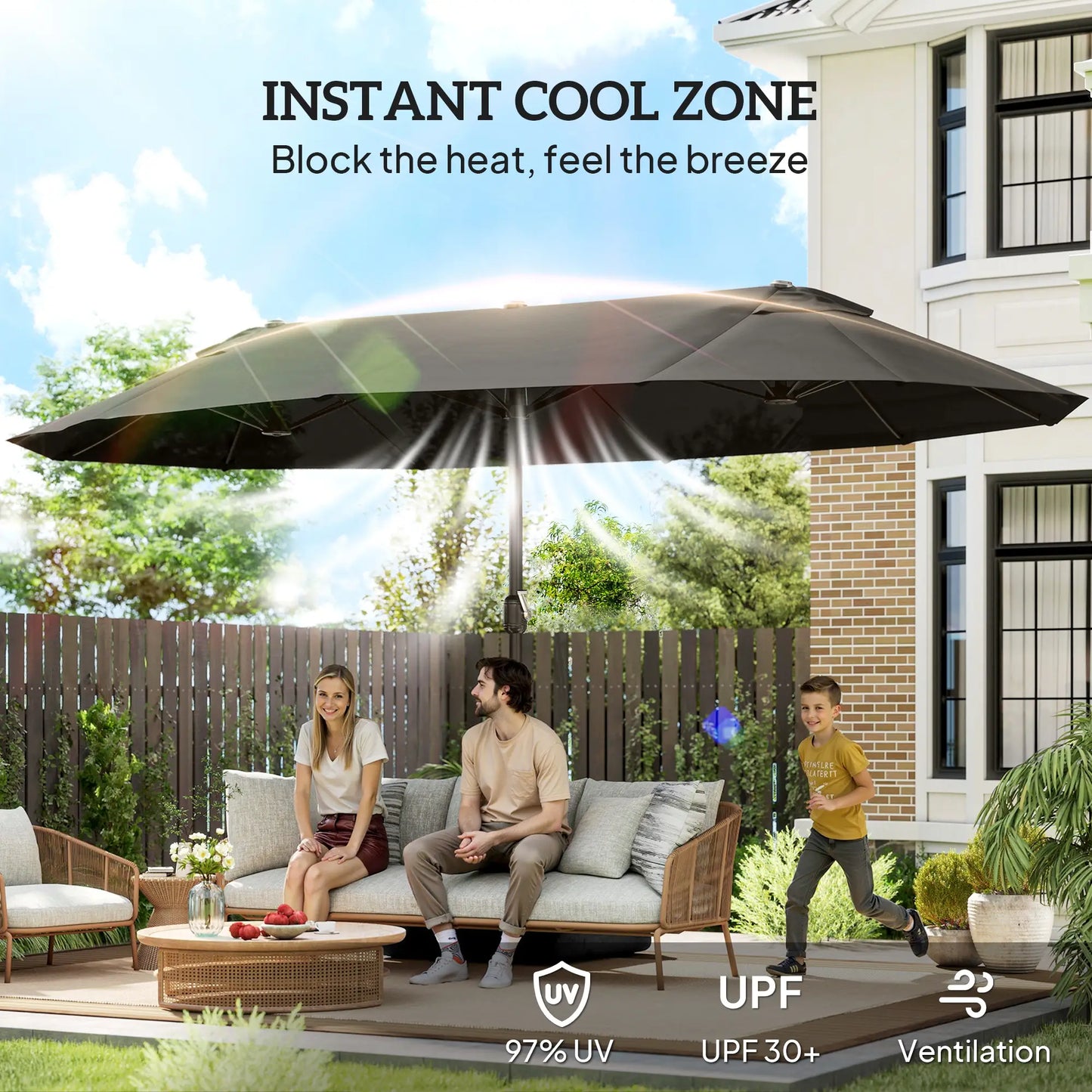 15' Outdoor Patio Umbrella, Twin Canopy Sunshade, Steel Table, Lift Crank, Dark Grey Sun Umbrellas at Gallery Canada