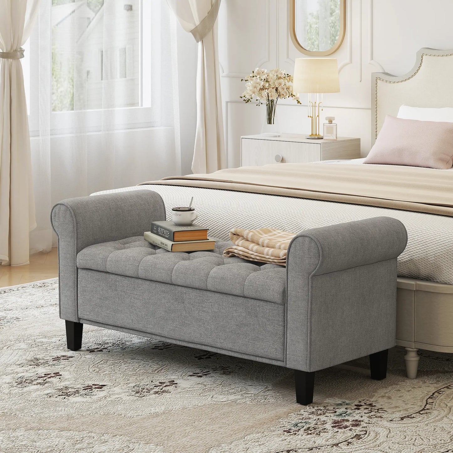 50 Inches Storage Ottoman, Light Grey, Upholstered Bench With Rolled Arms, Light Grey Storage Ottomans & Benches at Gallery Canada