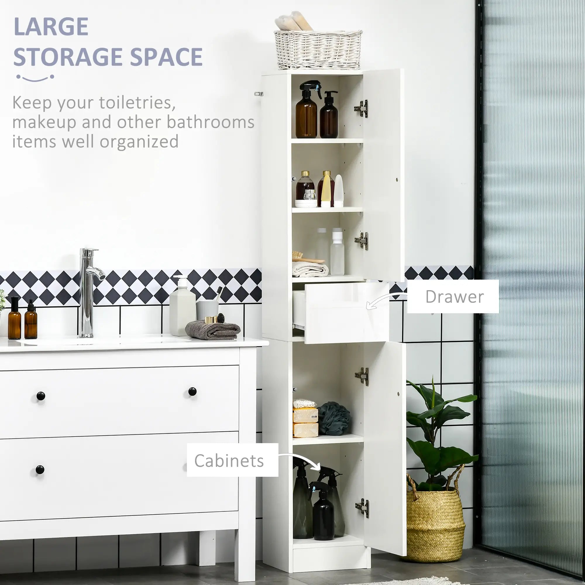 Tall Narrow Bathroom Cabinet with Doors, Drawer, Adjustable Shelves, High Gloss, White Bathroom Cabinets at Gallery Canada