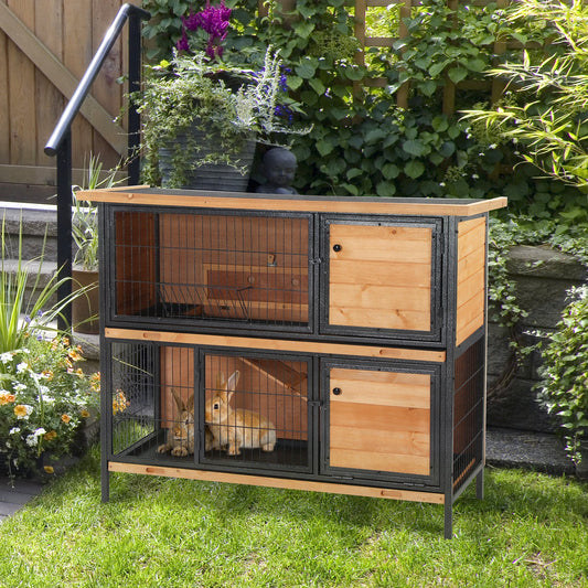 48" 2-Floor Large Rabbit Hutch Wooden Pet House Metal Frame Bunny Cage Small Animal Habitat with Ramp Feeding Trough Lockable Doors Run Area Asphalt Roof for Outdoor Use - Gallery Canada