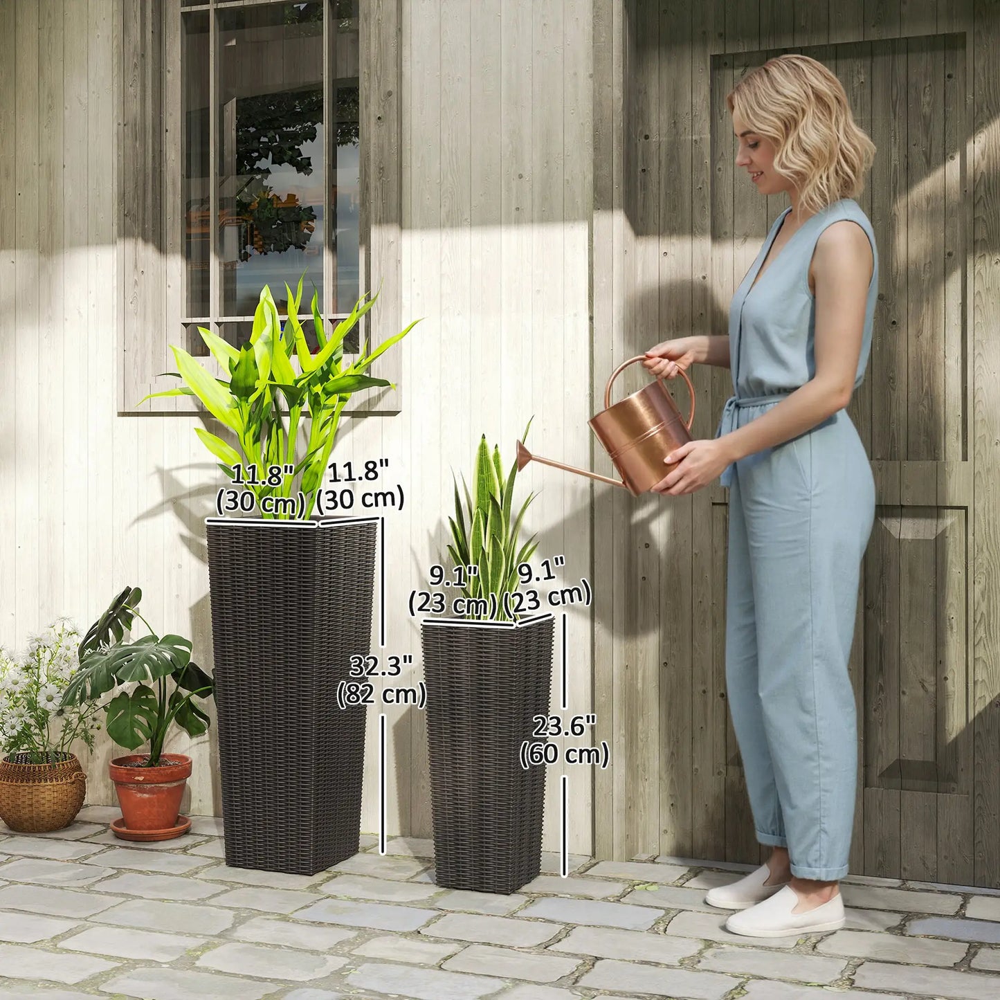Set of 2 Tall Outdoor Planters with Drainage Holes, Flower Pots for Patio Garden Accessories at Gallery Canada