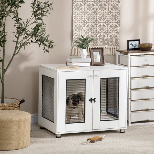 Dog Crate Furniture, Double-Door Dog Crate End Table with Water-Resistant Cushion for Medium Dogs, Wooden Wire Dog Cage for Indoor Use, White - Gallery Canada
