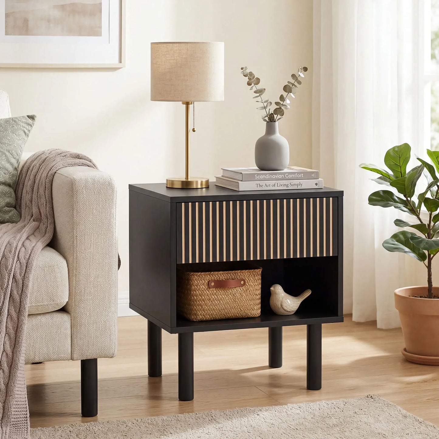 Modern Bedside Table with Drawer and Open Shelf, Sofa Side Table for Bedroom Living Room, Set of 2, Black Bedside Tables at Gallery Canada