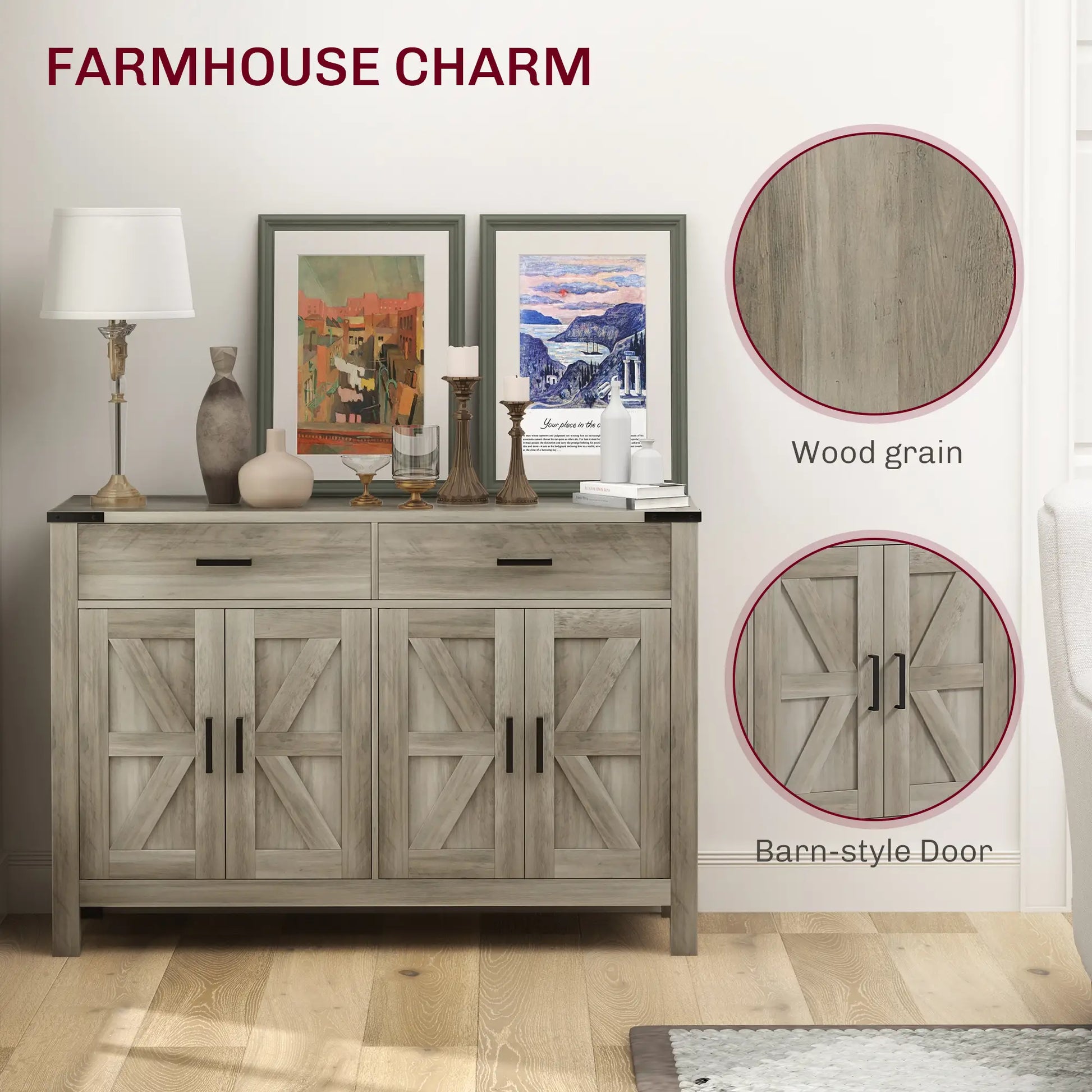 Farmhouse Buffet Cabinet, 2 Drawers, 2 Cabinets, Adjustable Shelves, Grey Bar Cabinets at Gallery Canada