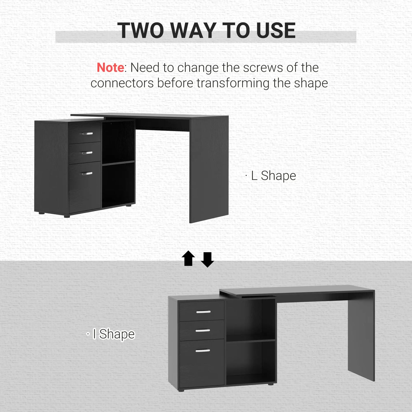 L-Shaped Corner Desk with Storage Shelf, Drawer, Black Writing Desks at Gallery Canada