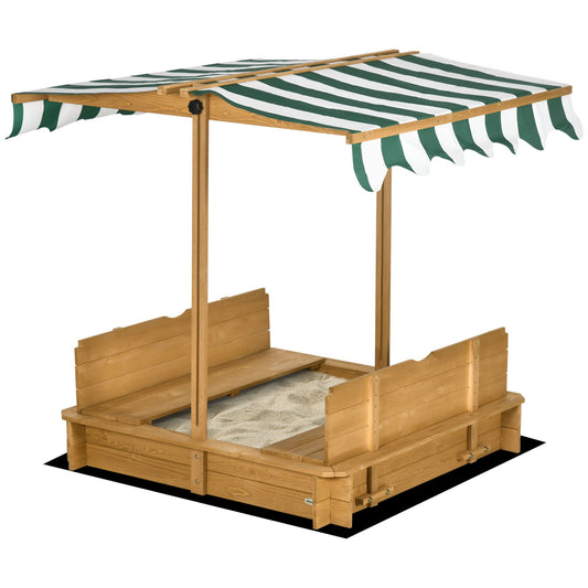 Wooden Kids Sandbox with Cover, Sand Play Station with Foldable Bench Seats and Adjustable Canopy, Light Brown at Gallery Canada