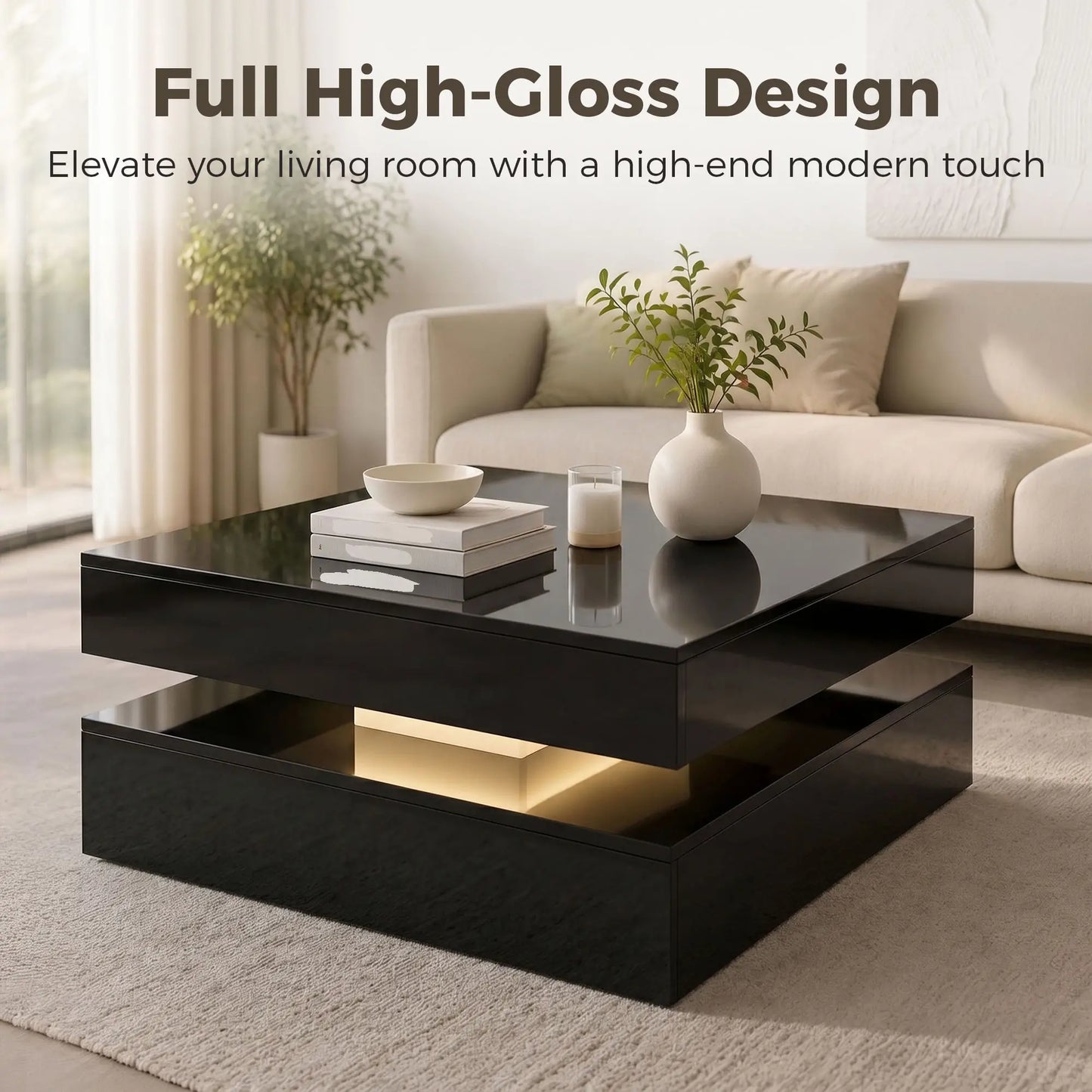 LED Coffee Table with Storage, 2-Tier Modern Center Table with Open Shelf and Remote for Living Room, High Gloss Black