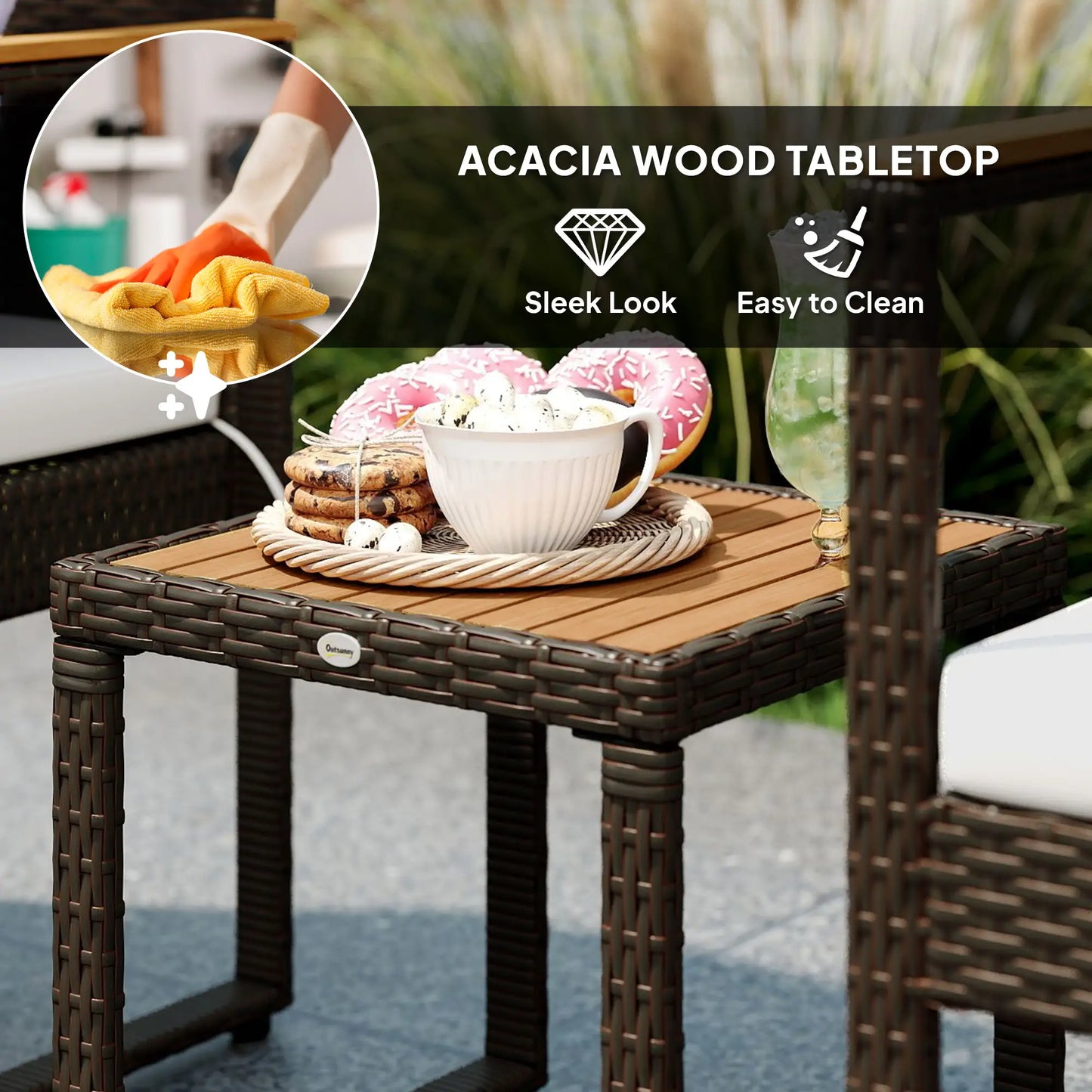 3 Pc Wicker Patio Set, Rattan Bistro w/ Acacia Table, White Bistro Sets at Gallery Canada