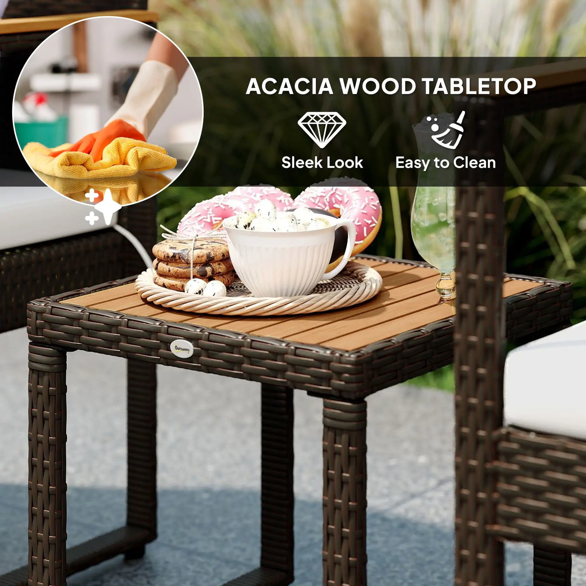 3 Pc Wicker Patio Set, Rattan Bistro w/ Acacia Table, White Bistro Sets at Gallery Canada