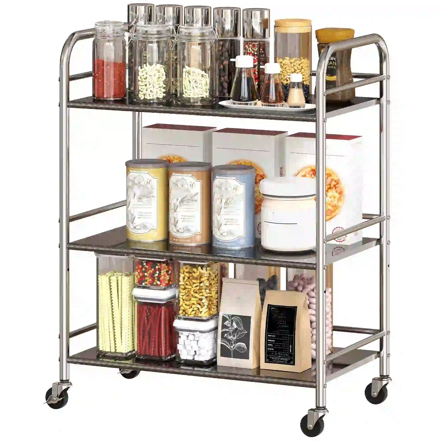 3 Tier Stainless Steel Rolling Cart, Adjustable Shelf, Wheels, Silver Kitchen Islands & Kitchen Carts Silver at Gallery Canada