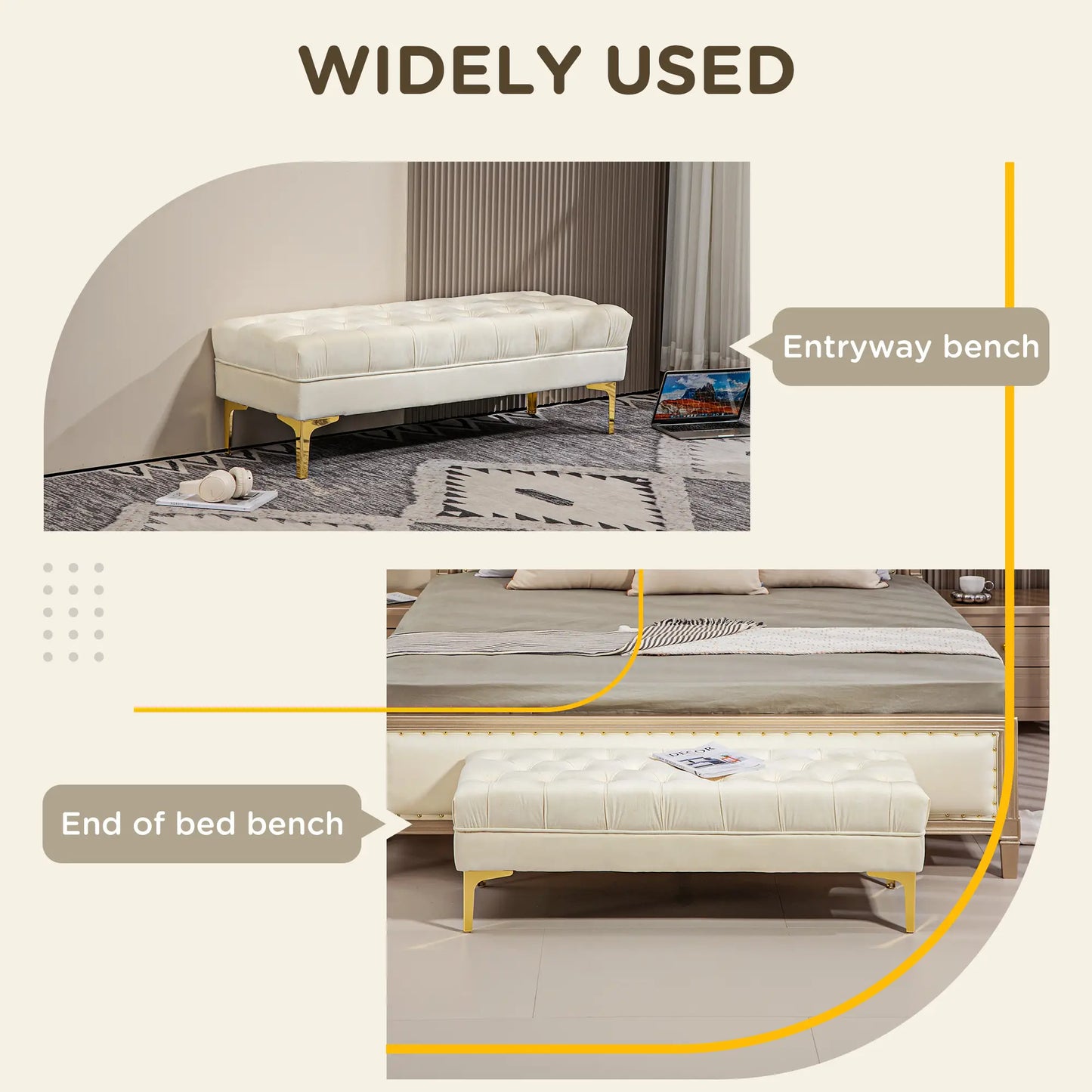 Upholstered End of Bed Bench, Button Tufted, Cream White Storage Ottomans & Benches at Gallery Canada