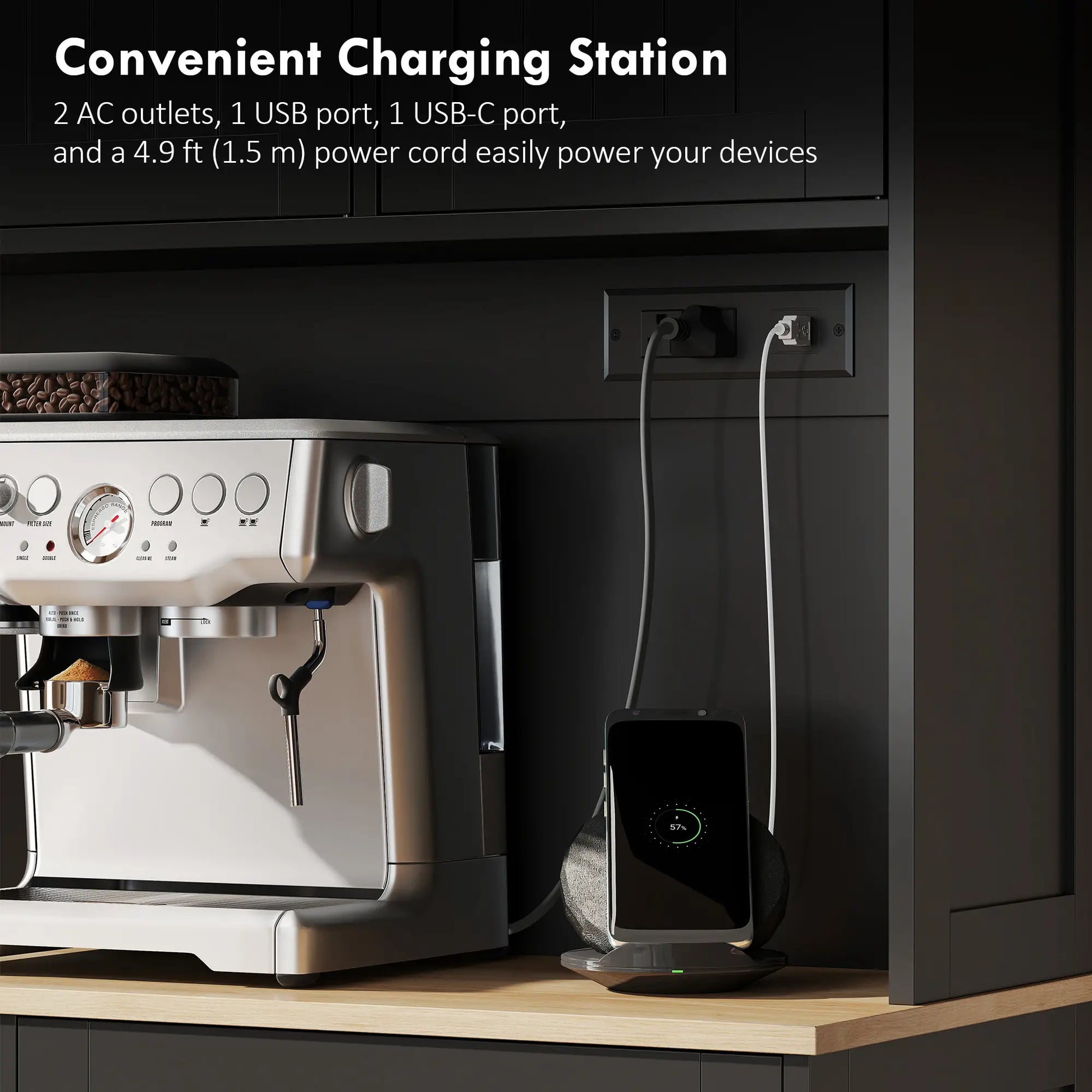 68 Inch Pantry Cabinet with Charging Station, Microwave Stand, Trash Can, Black Kitchen Pantry Cabinets at Gallery Canada