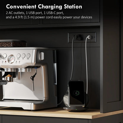 68 Inch Pantry Cabinet with Charging Station, Microwave Stand, Trash Can, Black Kitchen Pantry Cabinets at Gallery Canada