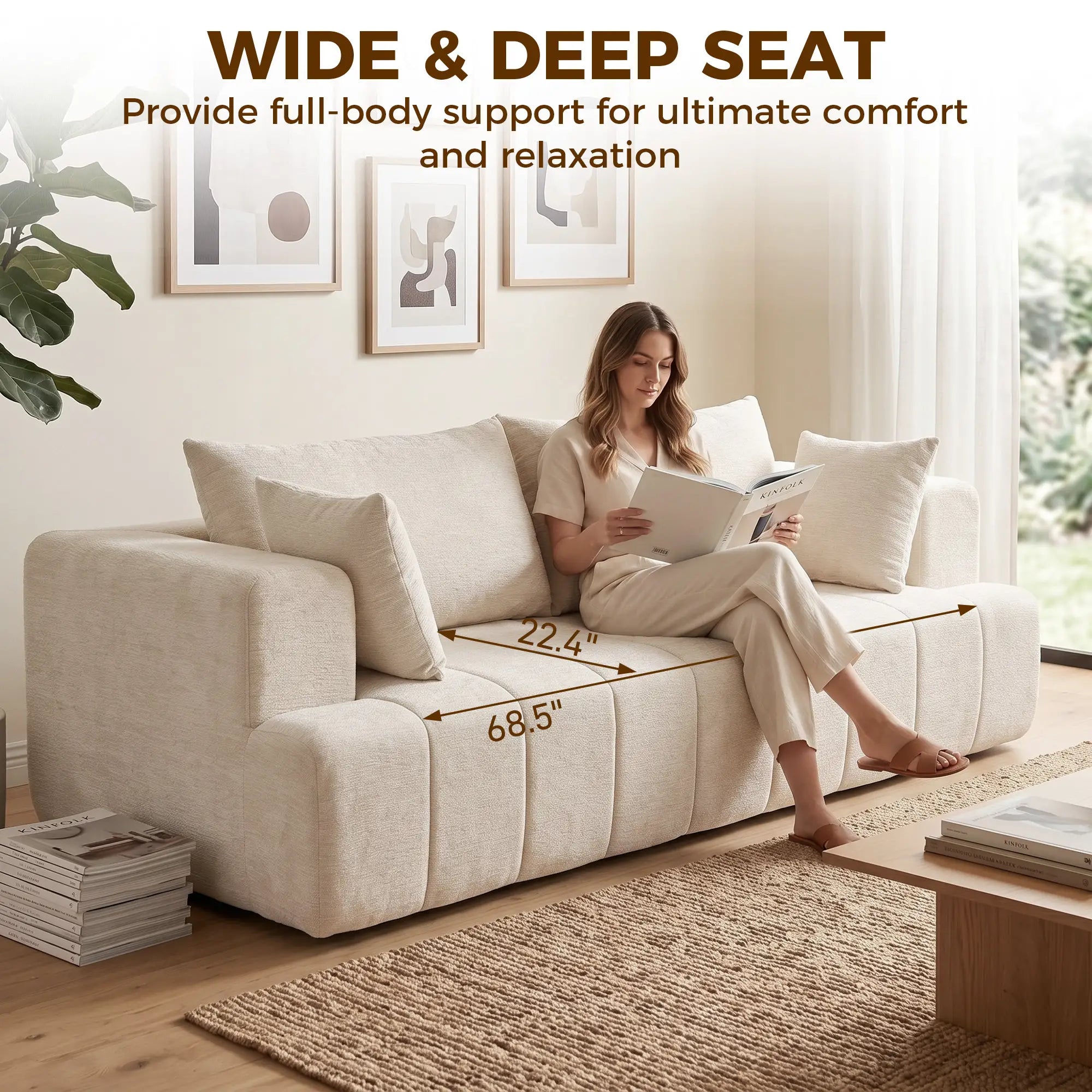3 Seater Chenille Cloud Couch, Spring Cushion, Beige 3-Seater Sofas at Gallery Canada