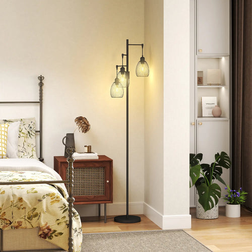 Industrial Floor Lamp, 3 Hanging Wire Lampshades, Dimmable, Black