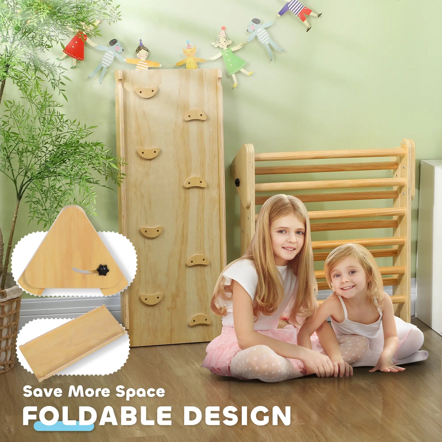 Pikler Triangle Set, 3 in 1 Climbing Toys with Ramp, Nature Wood Baby Gym & Playmats at Gallery Canada