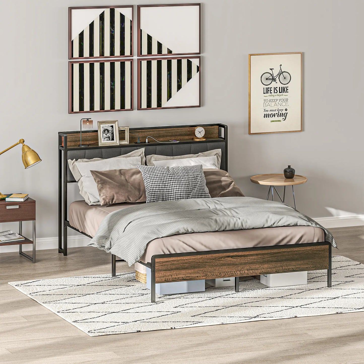 Full Size Bed Frame with Charging Station, Upholstered Headboard, Storage Shelf, Walnut Bed Frames at Gallery Canada