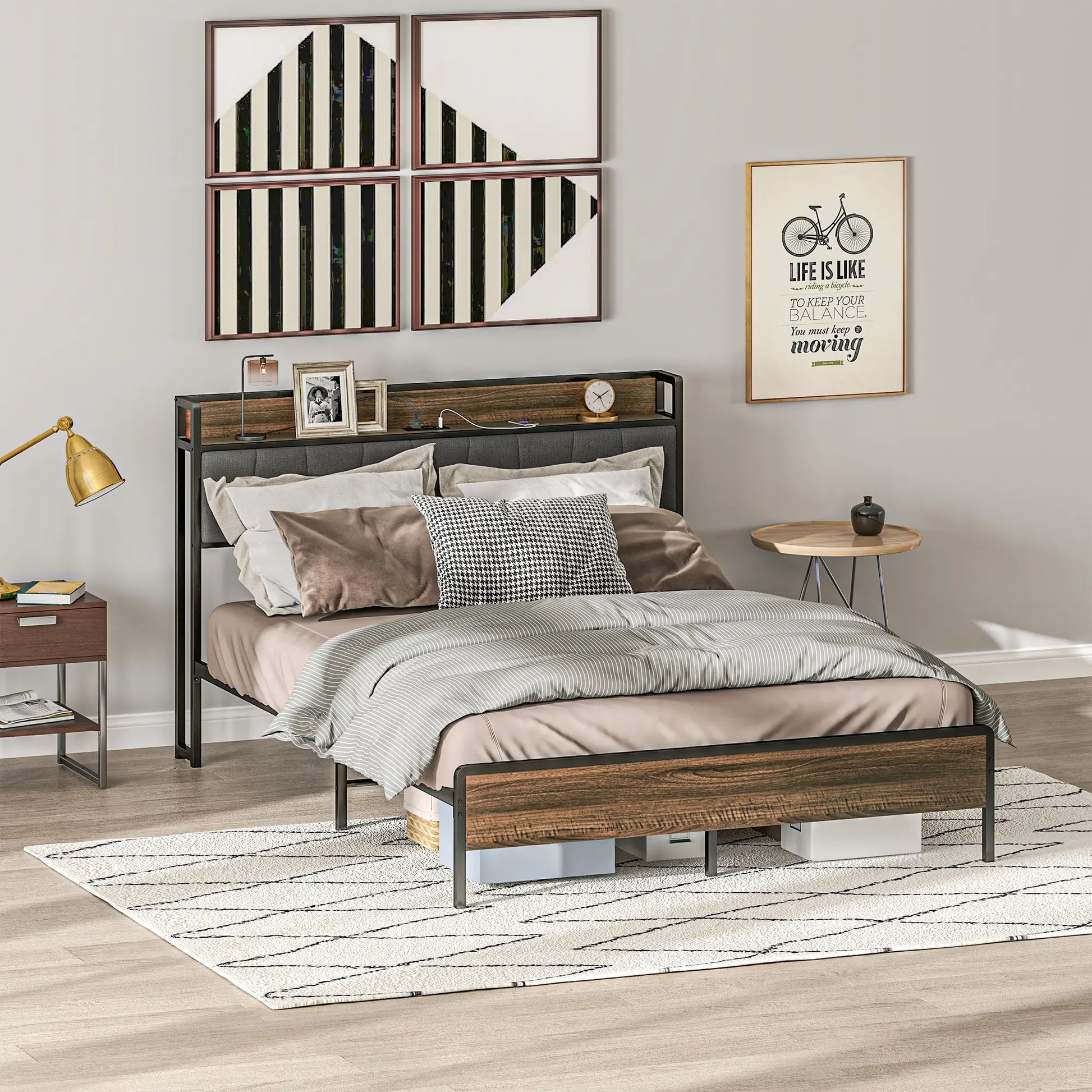 Full Size Bed Frame with Charging Station, Upholstered Headboard, Storage Shelf, Walnut Bed Frames at Gallery Canada