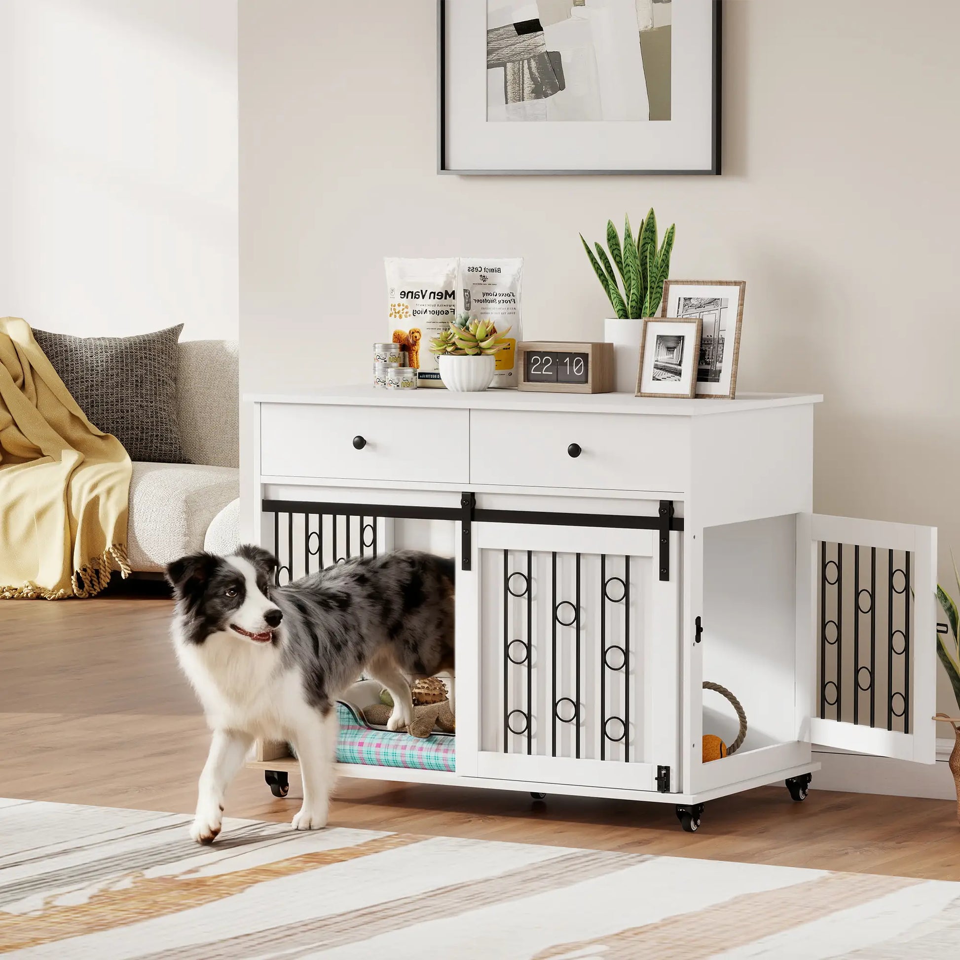39 Inch Dog Crate Furniture, Indoor Kennel with Drawers, Wheels, Oak Dog Cages & Crates at Gallery Canada