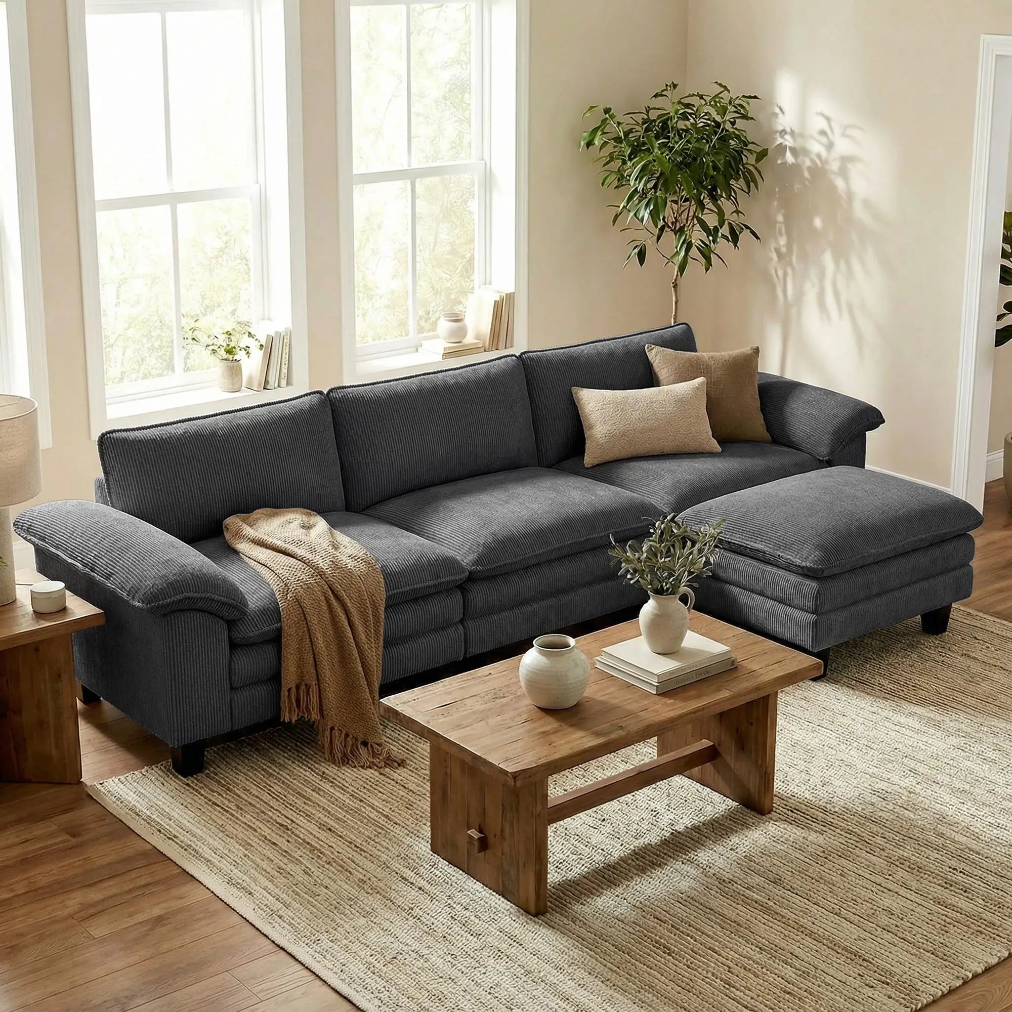 L-Shaped Sectional Sofa, Movable Ottoman, Pillow-Top Armrests, Dark Grey 3-Seater Sofas at Gallery Canada