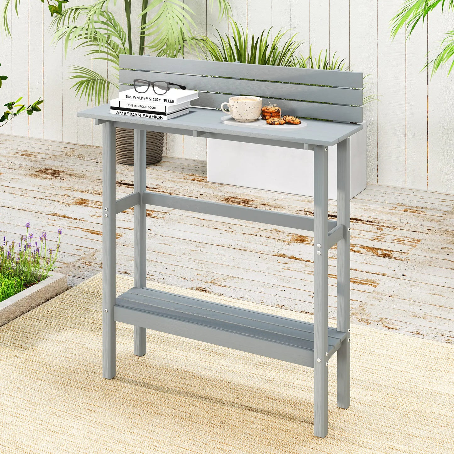 110cm Rectangle Outdoor Bar Table, Slatted Top, Grey Patio Dinning Tables at Gallery Canada