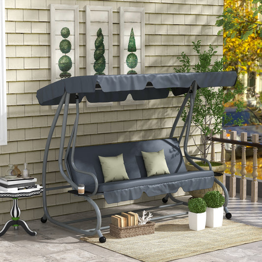 3-Seat Outdoor Patio Swing Canopy Chair, Converting Flat Bed with Adjustable Shade, Cushions, Cup Holder, Dark Grey - Gallery Canada