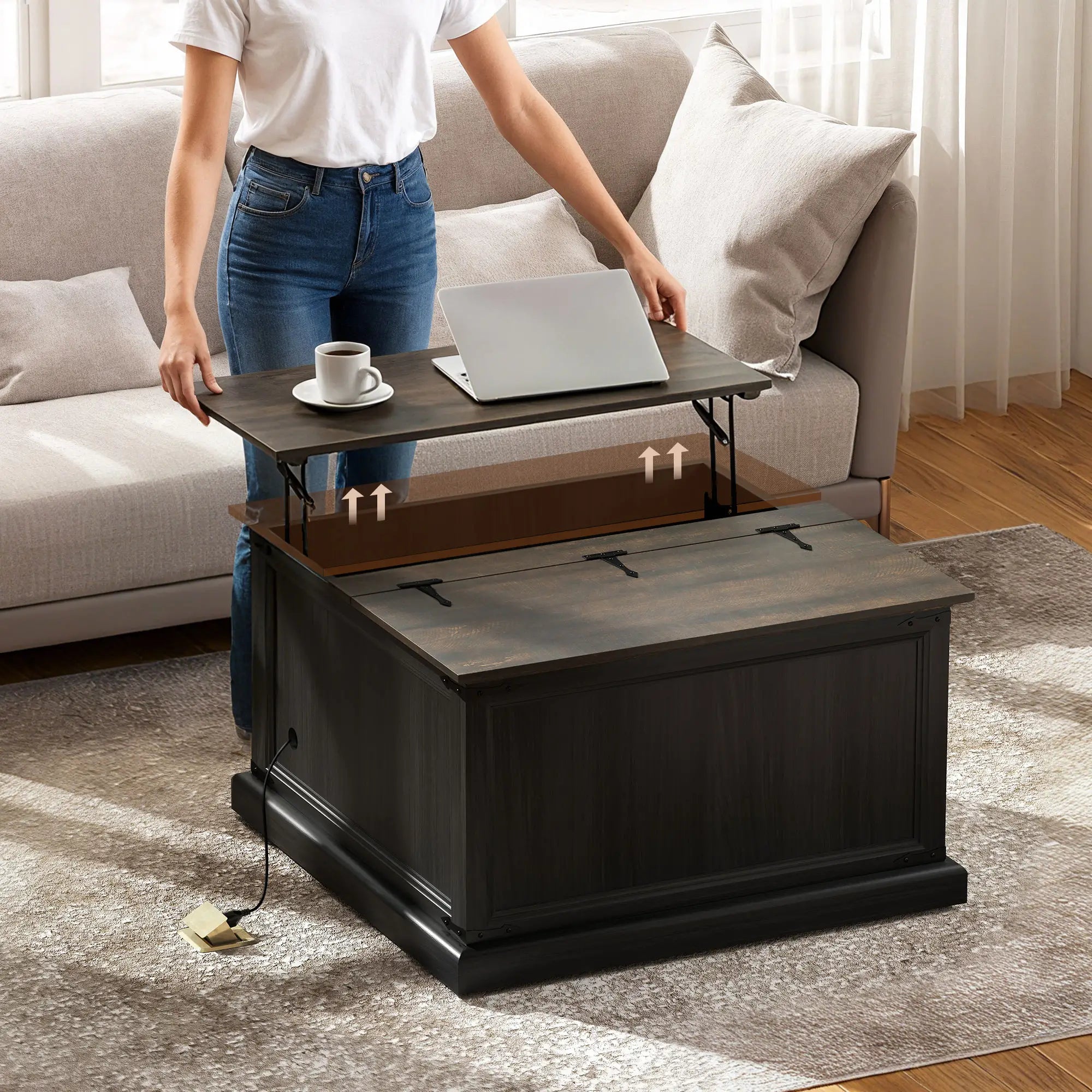 Lift Top Coffee Table, Square Farmhouse Center Table, Wood Grain, Black Coffee Tables at Gallery Canada