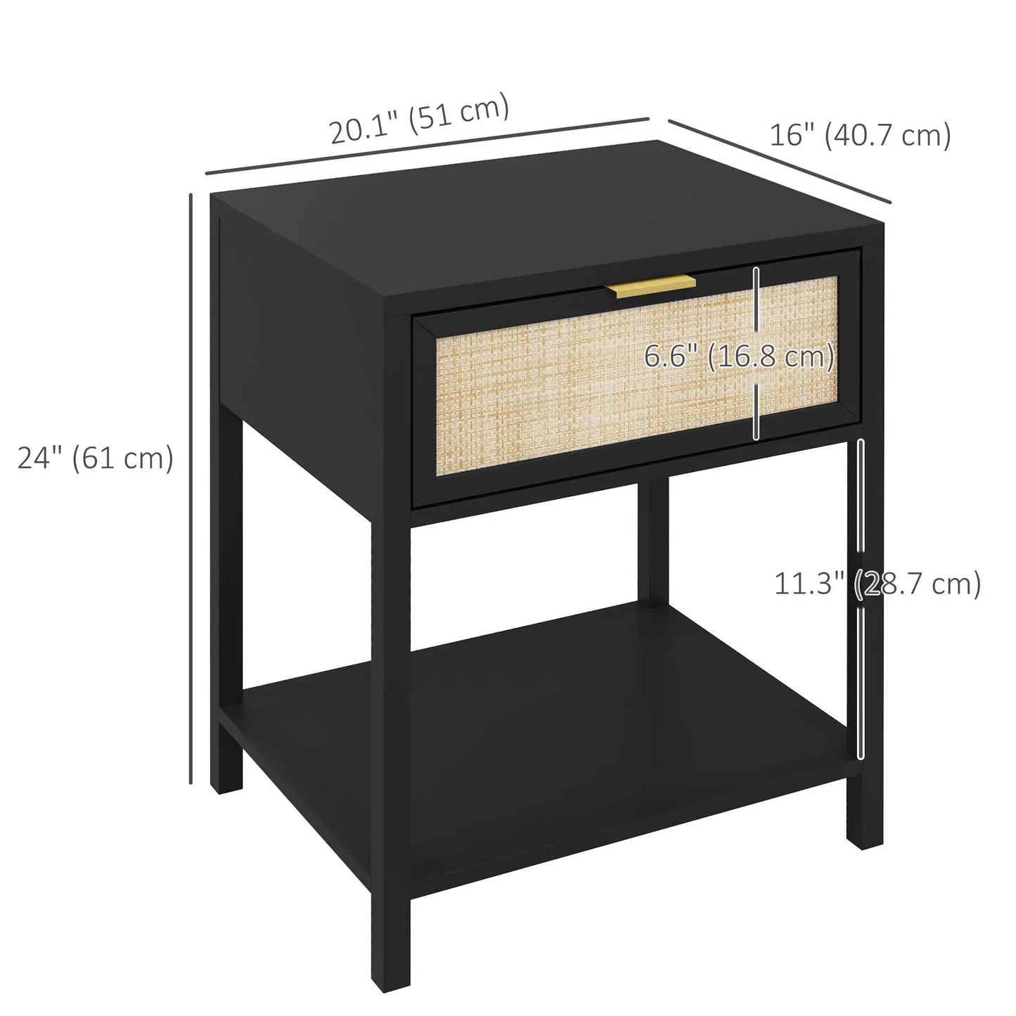 Boho Nightstand, Rattan Drawer, Open Shelf, Bedside Table, Black Bedside Tables at Gallery Canada