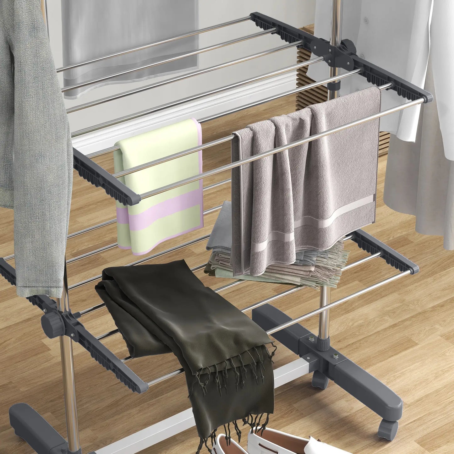Stainless Steel Folding Clothes Drying Rack, Side Wings, Castors, Indoor Outdoor, Grey Bath Accessories at Gallery Canada
