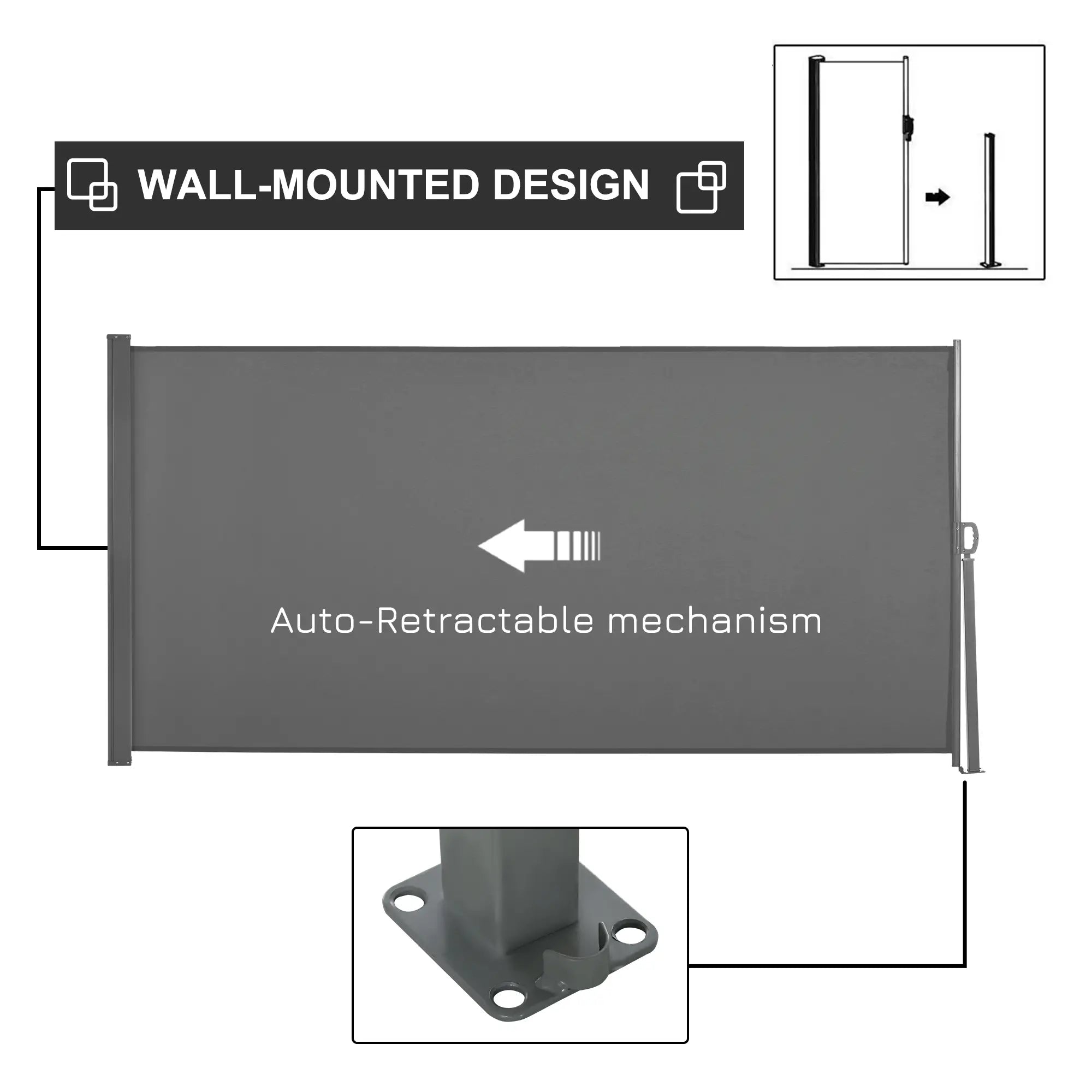 Outdoor Folding Retractable Side Awning, UV Wind Resistant, 118