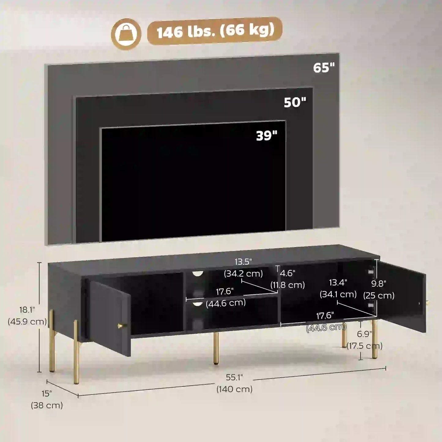 TV Stand for 65 Inch TVs, Entertainment Center with Shelves, Black TV Stands at Gallery Canada