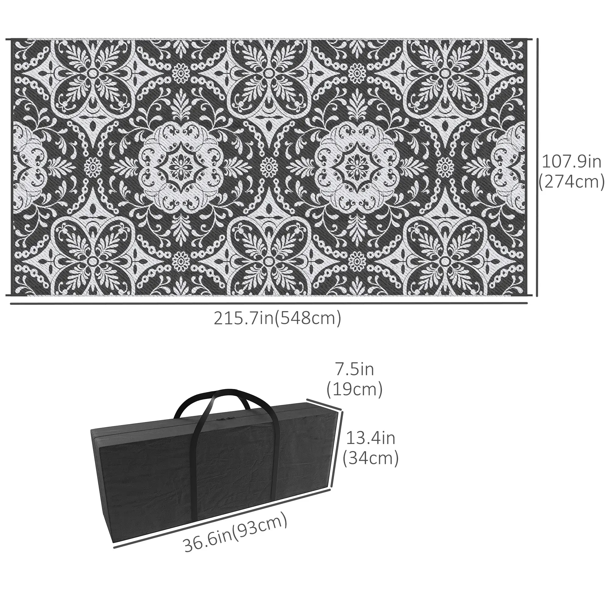 Portable Outdoor Rug with Carry Bag, 9' x 18', Waterproof, White Flower, Gray Outdoor Reversible Rugs at Gallery Canada