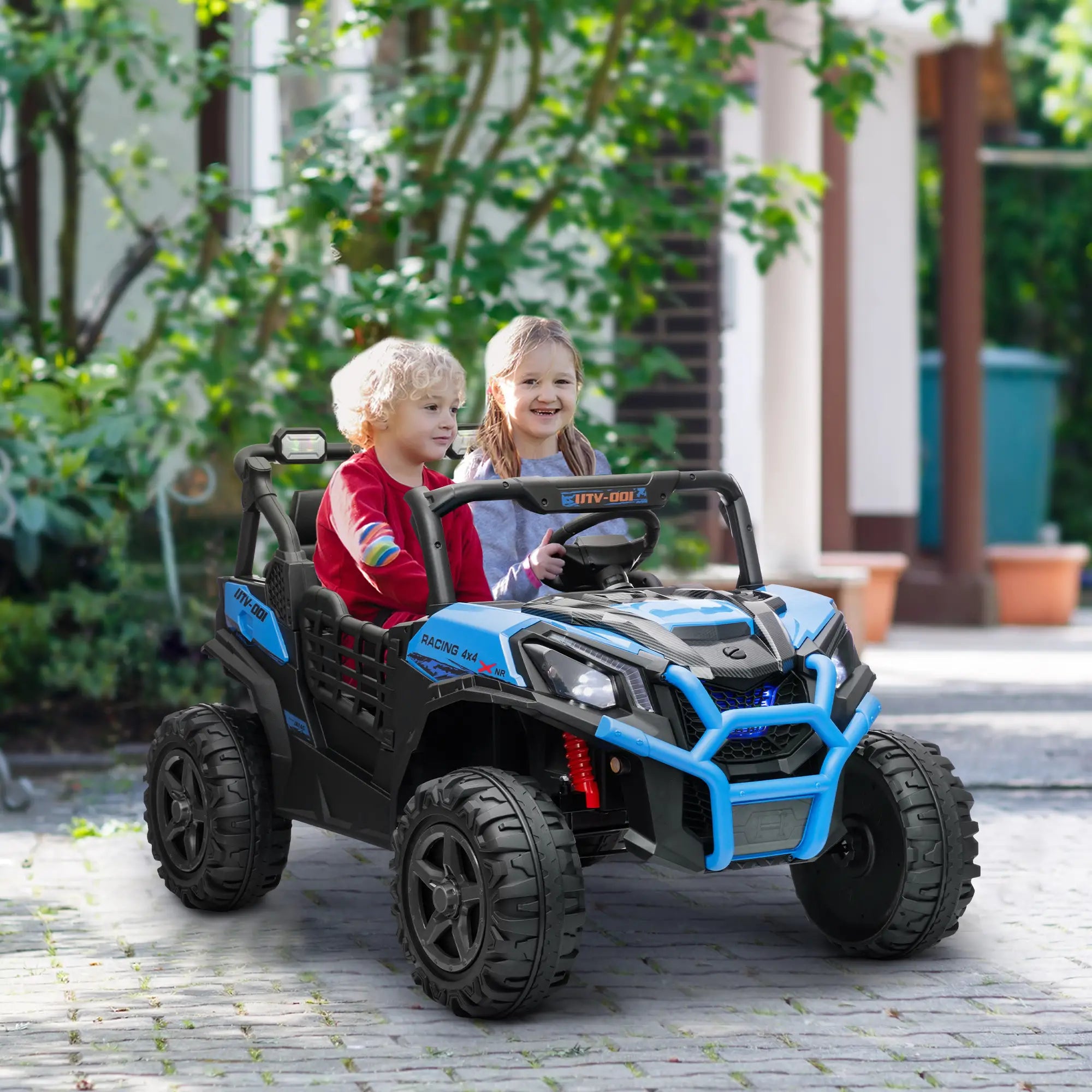 2 Seater 24V Electric Car for Kids, Remote Control, 3 Speed, LED Lights, Music, Horn, Spring Suspension, Blue Electric Toy Cars at Gallery Canada