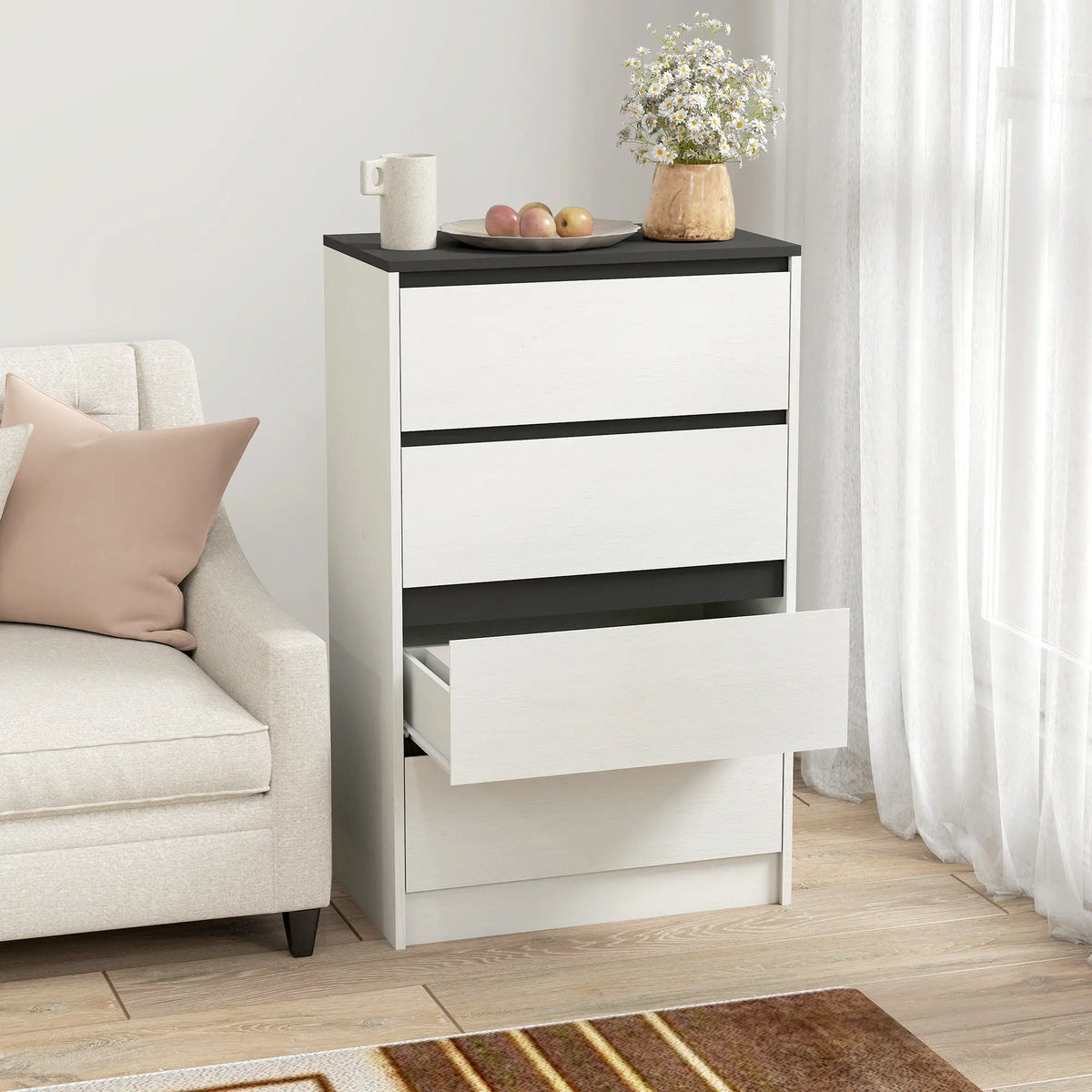 Tall Chest of Drawers, 4 Drawer Dresser, White Wood Effect, White Storage Cabinets at Gallery Canada