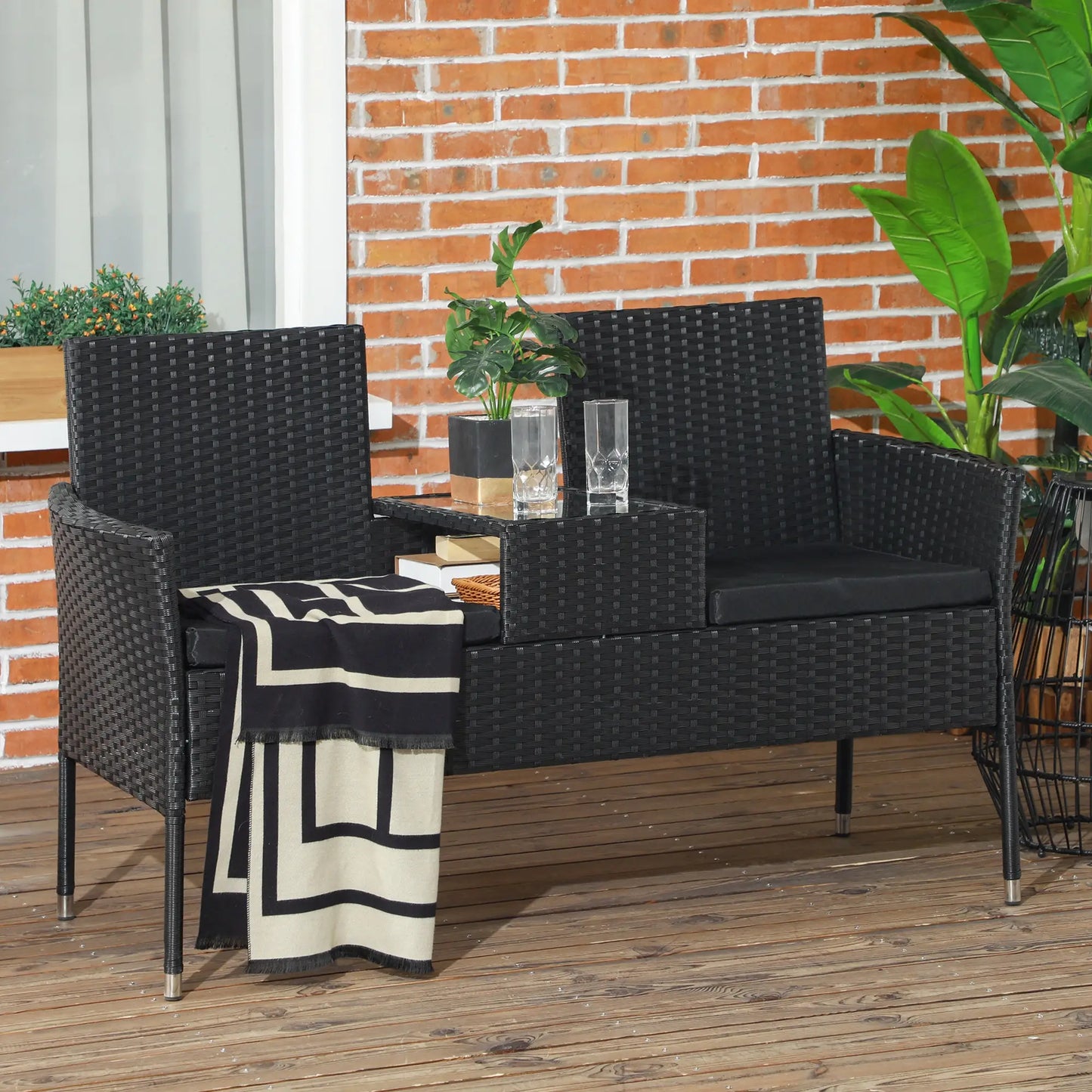 PE Rattan Loveseat with Cushion, Mid-Table, Black Patio Chairs at Gallery Canada