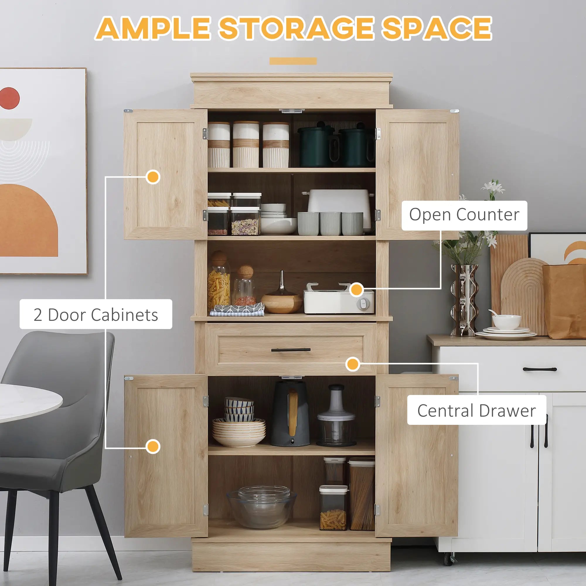Modern Kitchen Pantry Cabinet, Freestanding with Adjustable Shelves, Oak Kitchen Pantry Cabinets at Gallery Canada