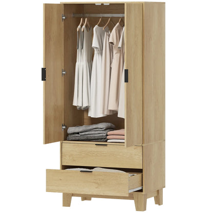 Modern Wardrobe Closet, Freestanding Armoire, 2 Drawers, Hanging Rod, Natural Clothing Storage Natural at Gallery Canada