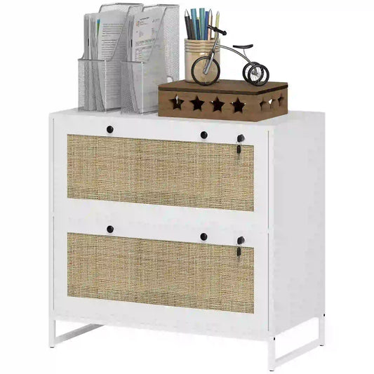 2-Drawer Filing Cabinet with Lock, Rattan, Adjustable Hanging Bar, White Office Cabinets & Cupboards White, Natural at Gallery Canada
