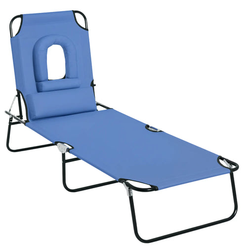 Adjustable Outdoor Lounge Chair, Folding Chaise with Face Hole, Blue