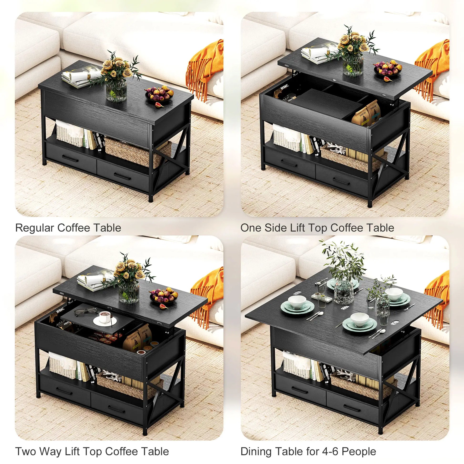 Modern Lift Top Coffee Table, Fabric Drawers, Hidden Storage, Distressed Black Coffee Tables at Gallery Canada