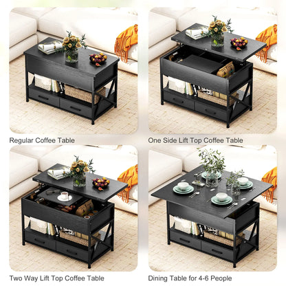 Modern Lift Top Coffee Table, Fabric Drawers, Hidden Storage, Distressed Black Coffee Tables at Gallery Canada