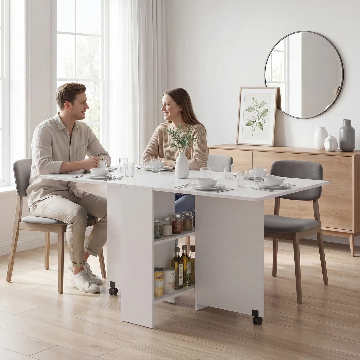 Extendable Dining Table, Collapsible w/ 2-Tier Shelves, Rolling Casters, White Bar Tables & Dining Tables at Gallery Canada